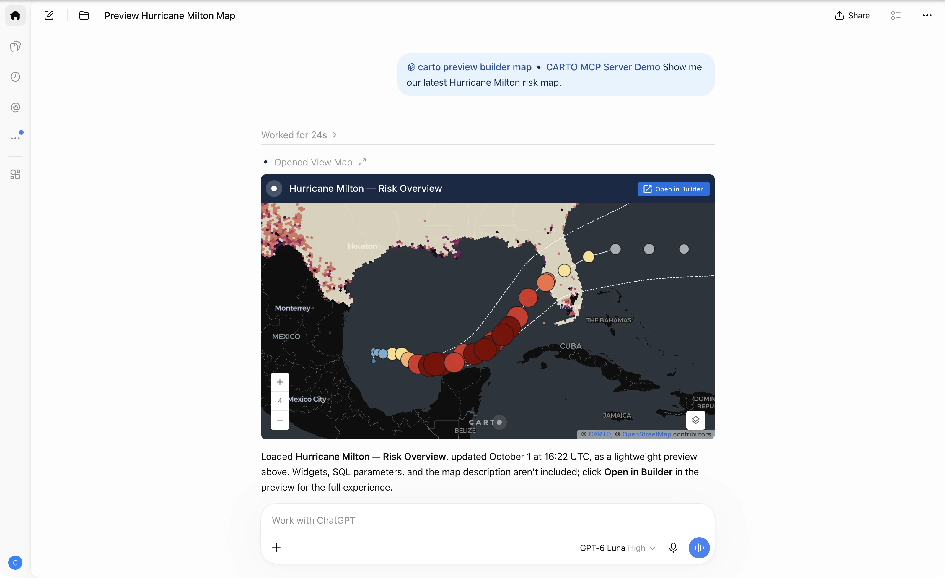A CARTO map of a hurricane track rendered inline in a ChatGPT conversation