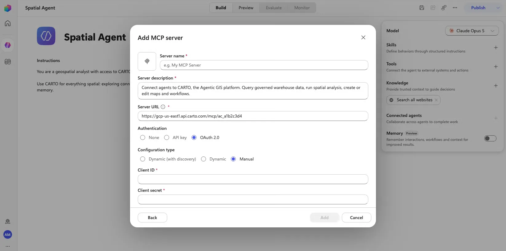 Adding the CARTO MCP Server as a tool in Microsoft Copilot Studio