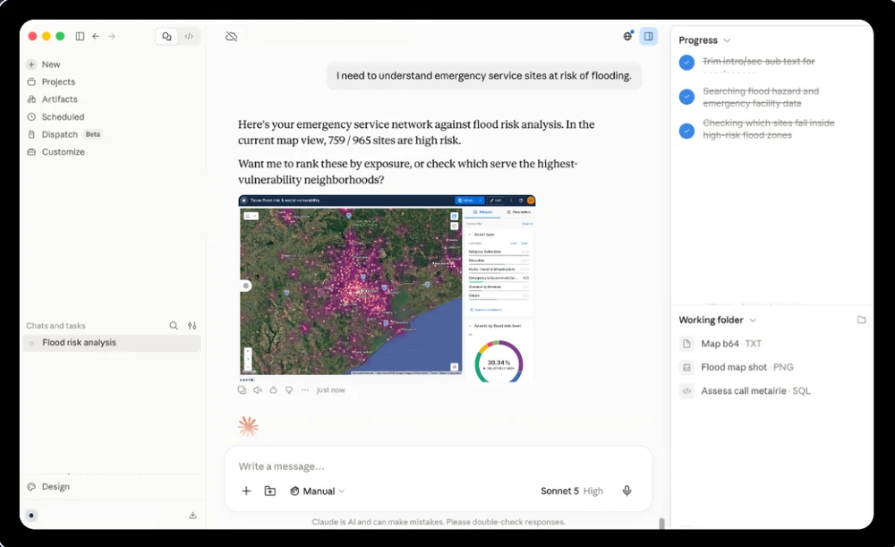 Claude running a CARTO flood risk analysis, from the Agentic GIS for Claude playbook