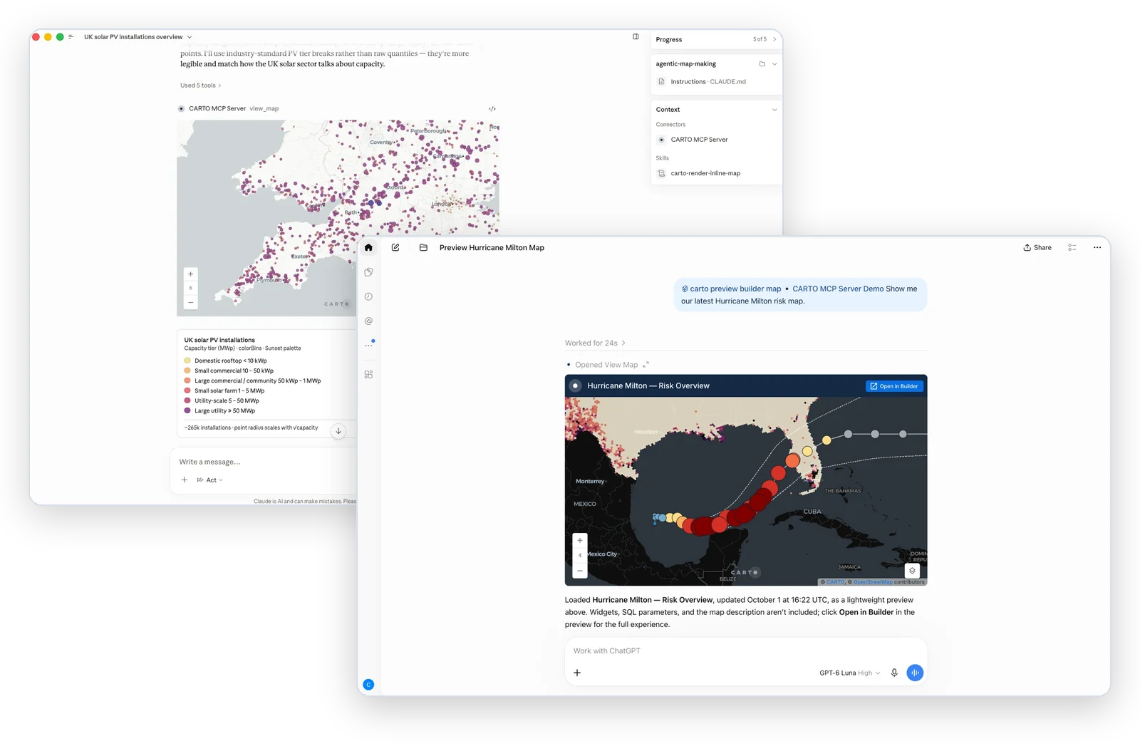 CARTO for Agents at work in Claude and ChatGPT, with a UK solar installations map and a Hurricane Milton risk map