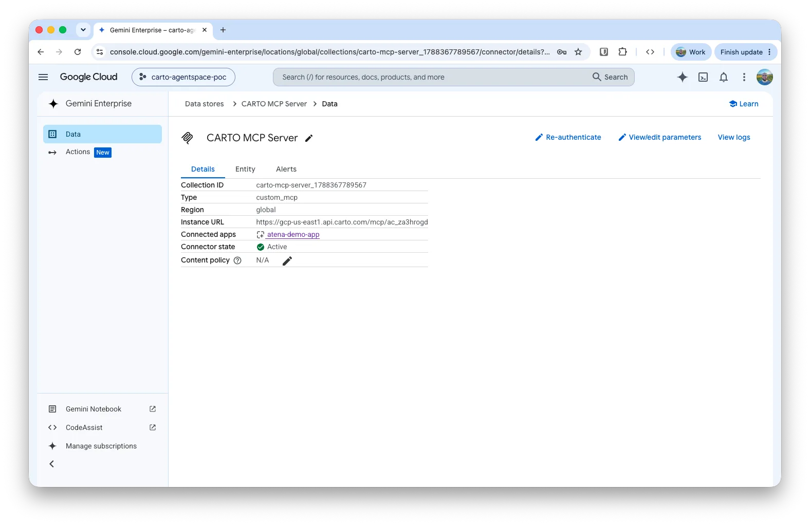 The CARTO MCP Server registered as a custom MCP data store in Google Cloud's Gemini Enterprise console