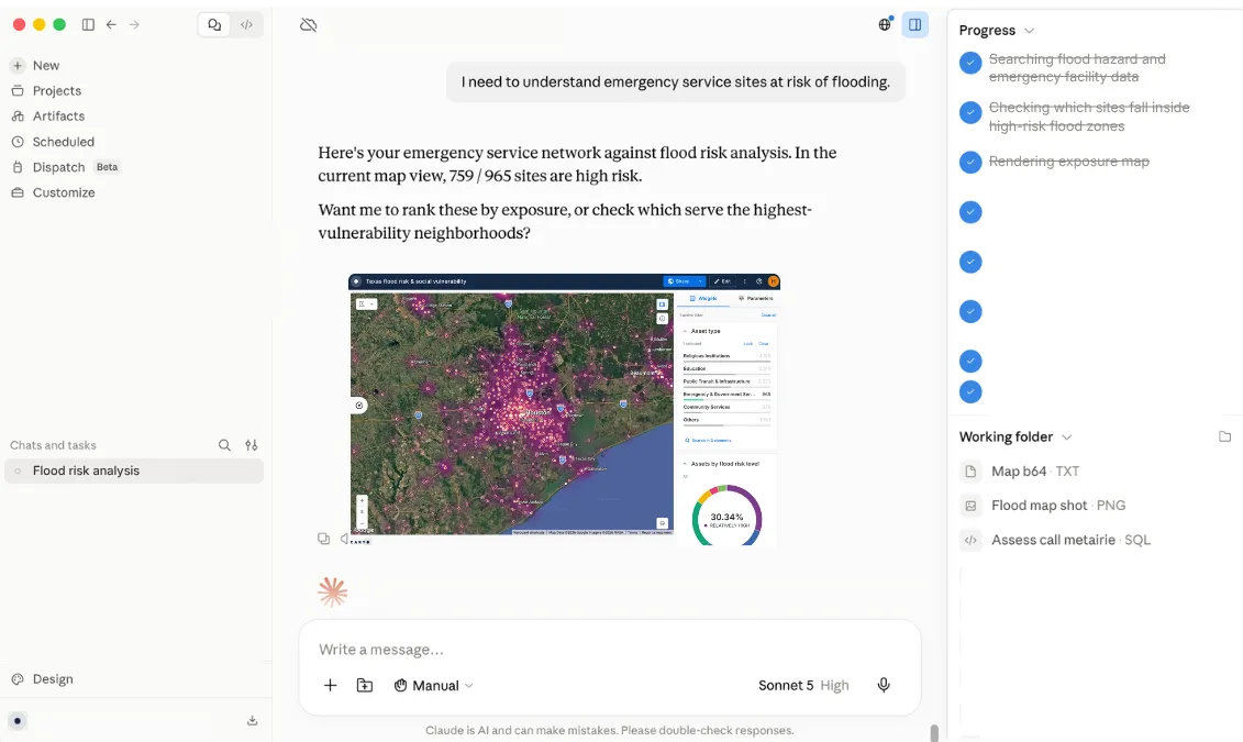Claude connected to CARTO for Agents analyzing emergency service sites at risk of flooding and rendering the map in the conversation
