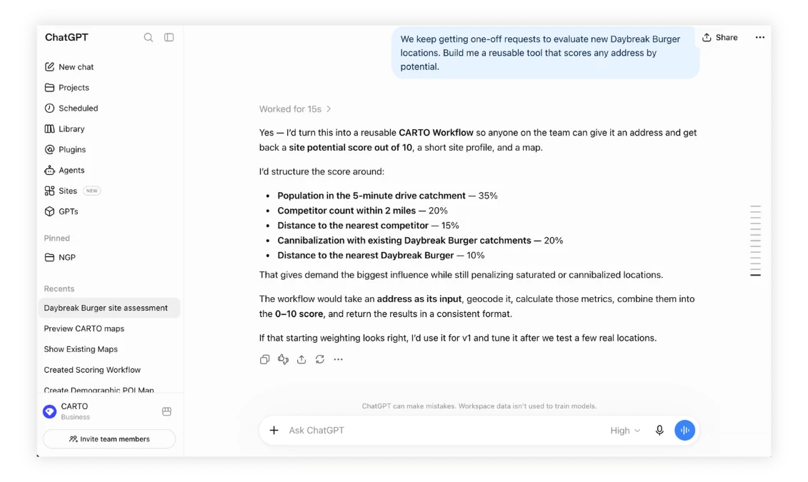 ChatGPT proposing a reusable CARTO Workflow to score potential store locations