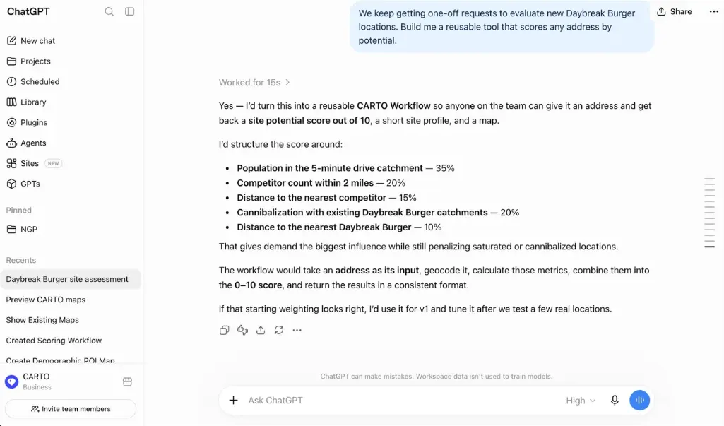 ChatGPT building a reusable CARTO Workflow that scores potential store locations by address
