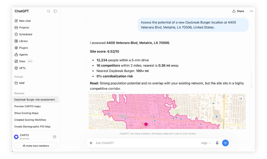 A spatial analysis conversation with a rendered site-selection map, shown inside an agentic platform