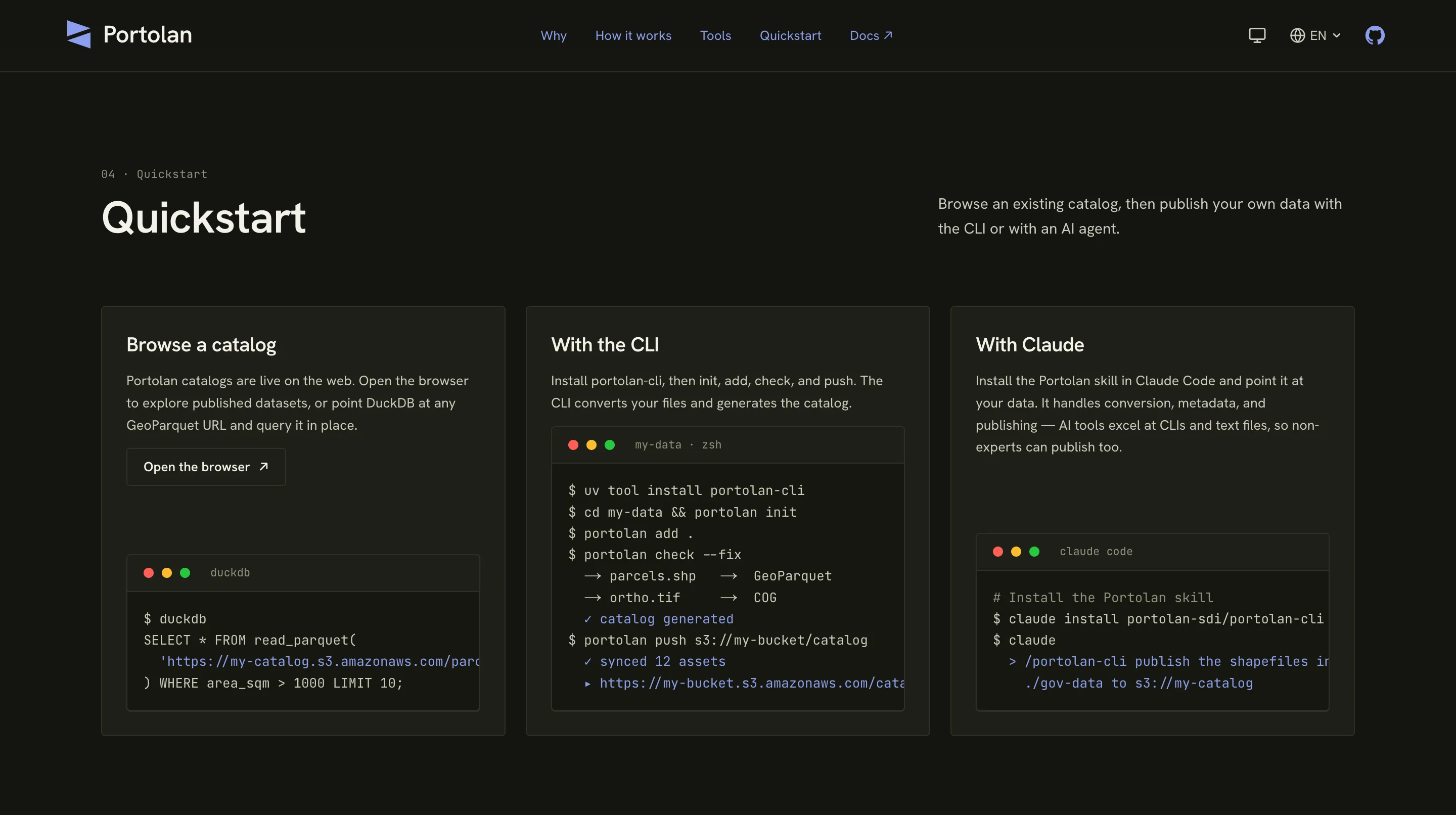 The Portolan quickstart — browse a catalog, publish with the CLI or with an AI agent