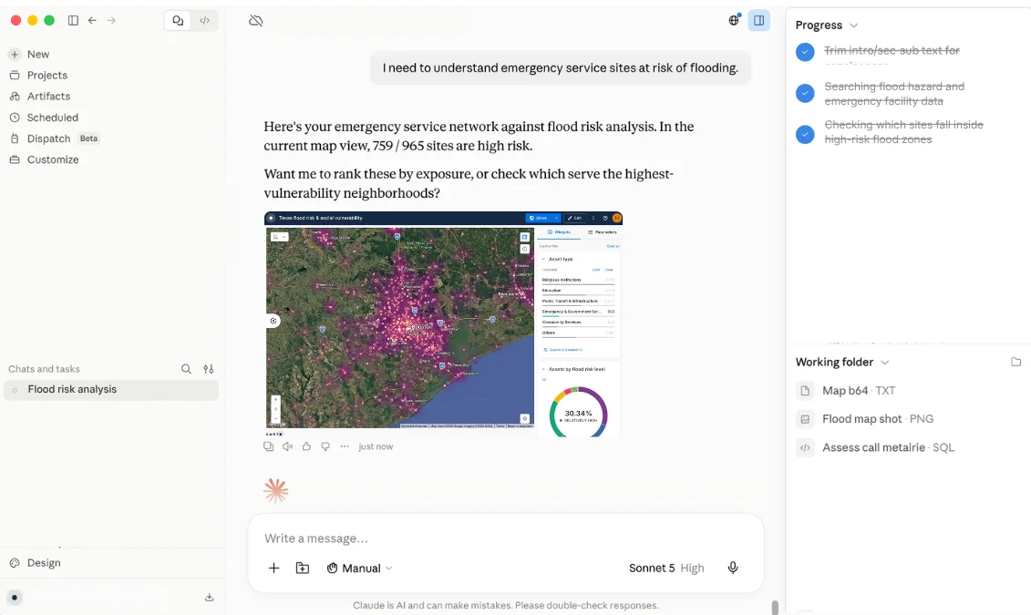 Claude answering a question about emergency service sites at risk of flooding with a CARTO map and flood-risk widgets