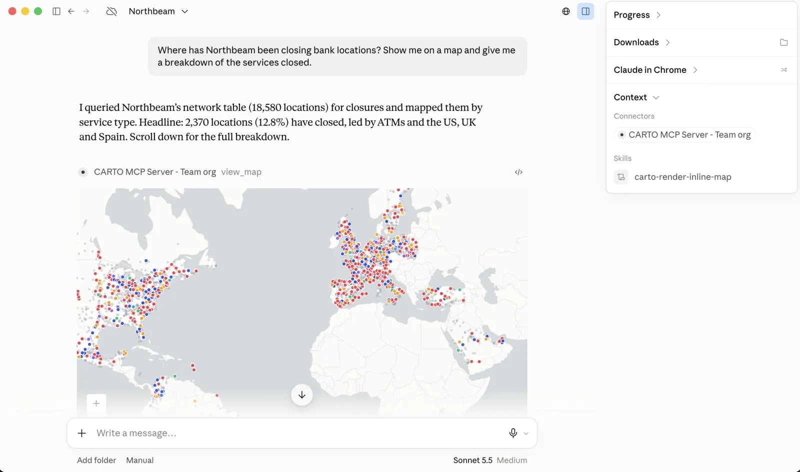 Claude answering where a bank has been closing locations, with a CARTO map of closures by service type across the US and Europe