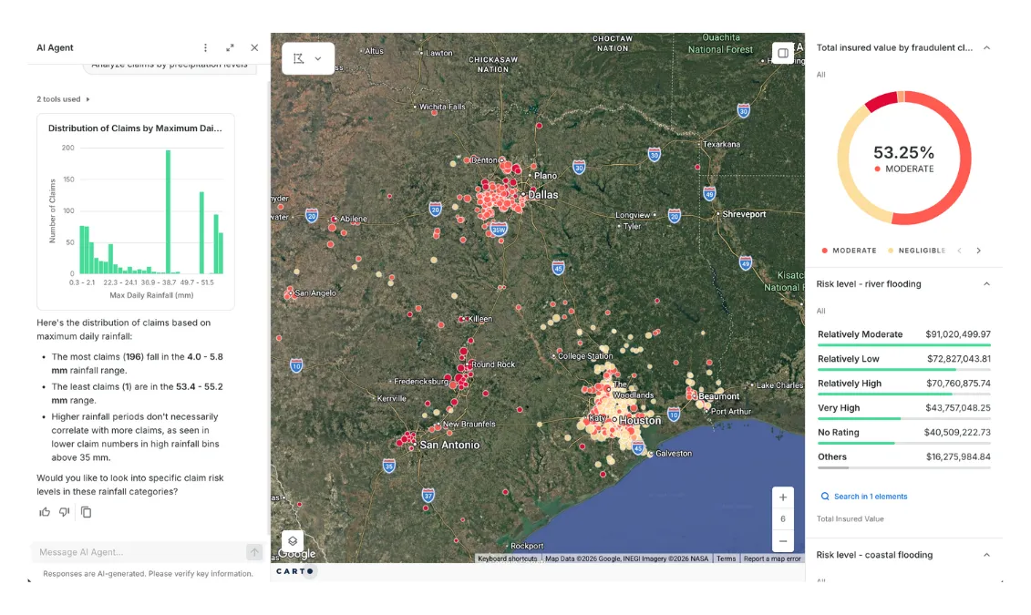 Fraud detection map of transactions and risk signals in CARTO