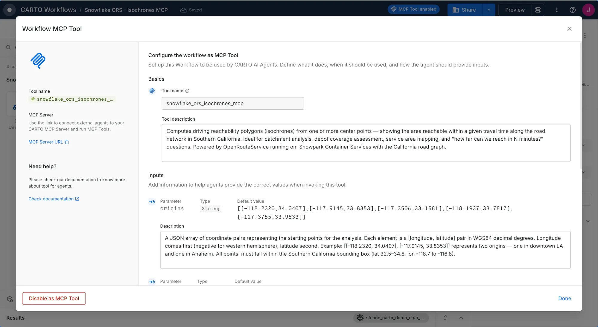 CARTO Workflows published as MCP tools for AI Agents
