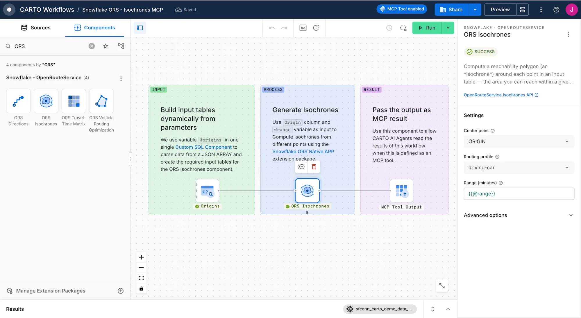 CARTO Workflows pipeline with ORS routing components