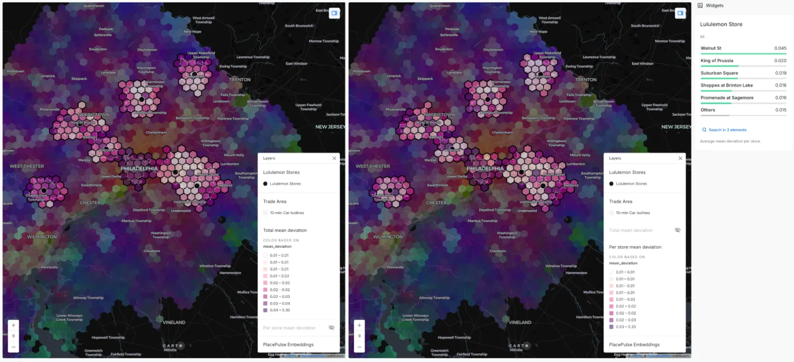 Map of simulated retail trade areas in Philadelphia scored with Mean Deviation