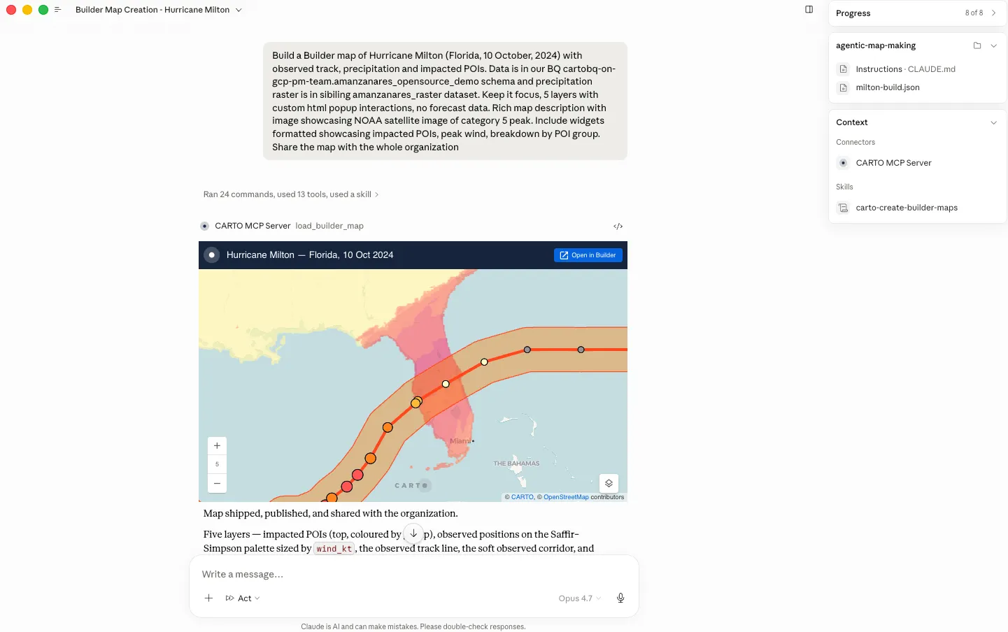 Claude building a CARTO Builder map of Hurricane Milton's track, precipitation, and impacted points of interest