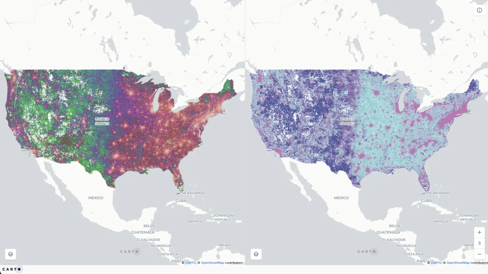 Two CARTO maps of the United States colored by PlacePulse embeddings, showing how the character of every place varies across the country