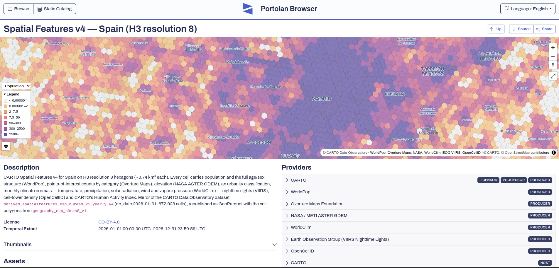 The CARTO Data Observatory catalog open in the Portolan Browser: a hexagon map of population density around Madrid, beside a description of the Spatial Features dataset, its CC-BY-4.0 licence and temporal extent, and a Providers panel listing WorldPop, Overture Maps Foundation, NASA/METI ASTER GDEM, WorldClim, Earth Observation Group and OpenCellID as producers, with CARTO as licensor, processor and host