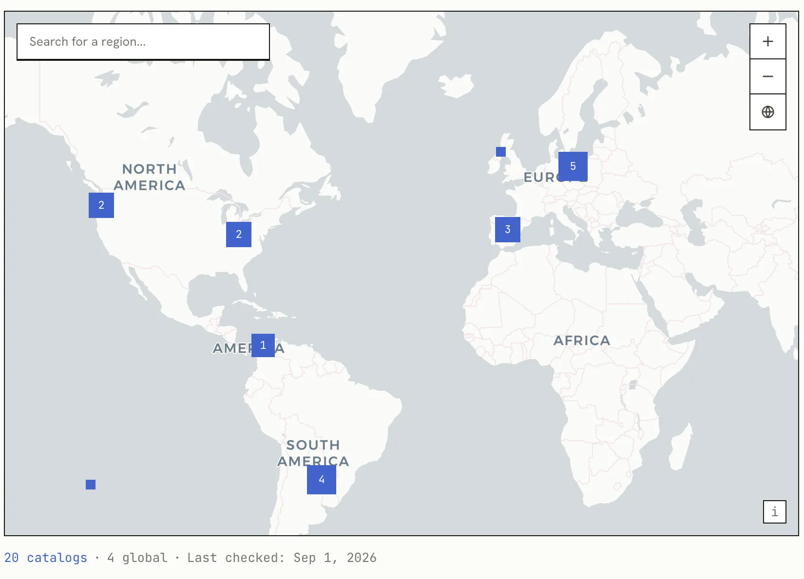 The Portolan registry map, showing clusters of registered catalogs across Europe, North and South America