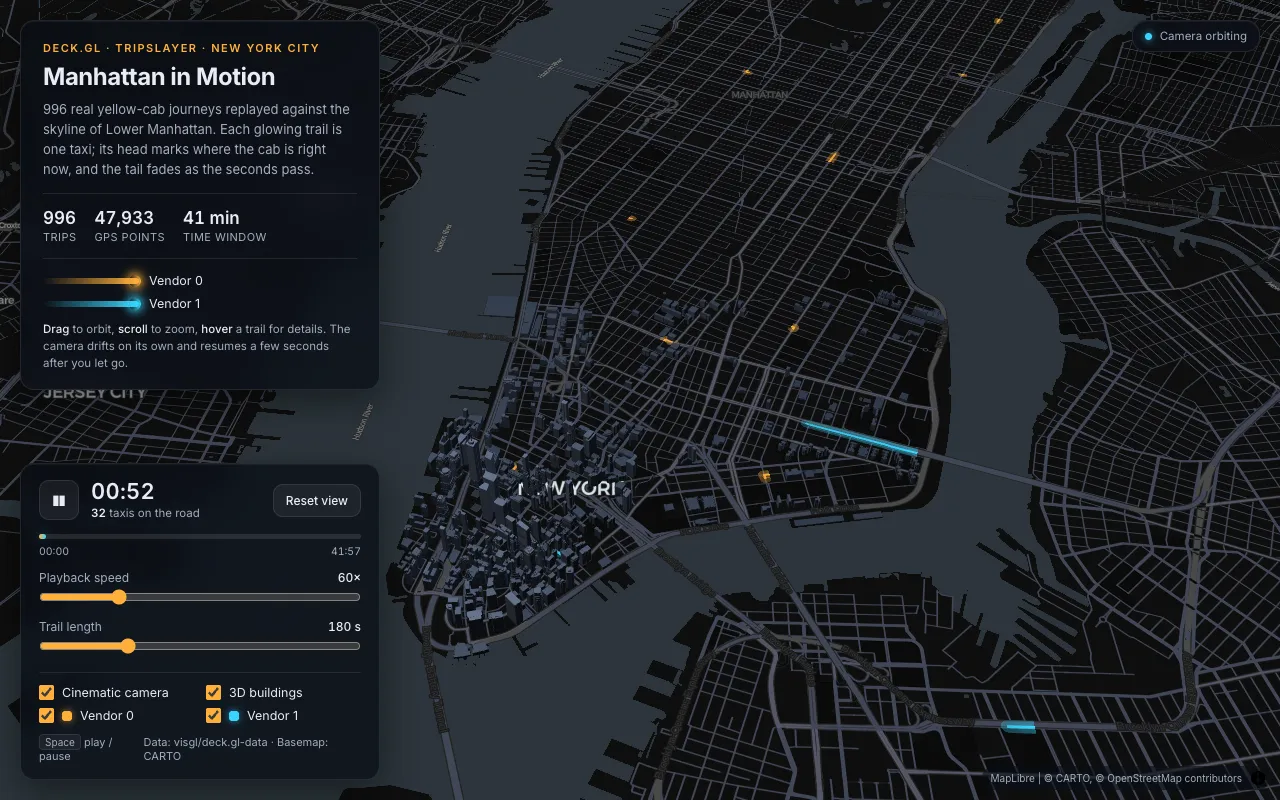 Animated New York taxi trips over lit 3D buildings and a dark basemap, generated by Fable 5.1 from one prompt