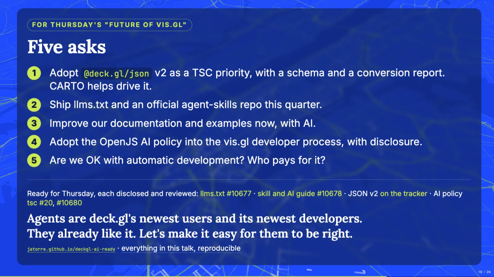 Closing slide with five asks for the Future of Vis.gl session