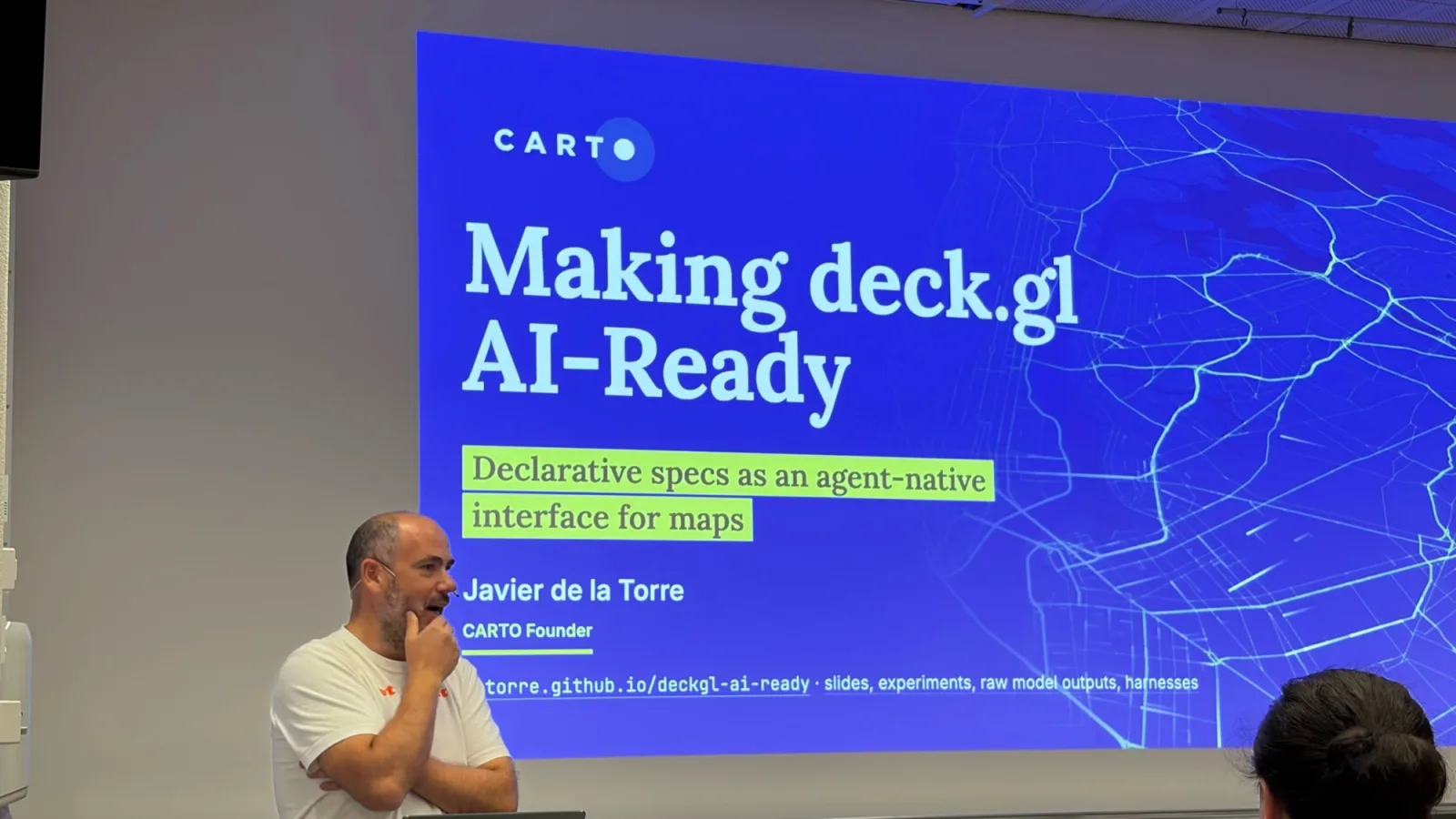Javier de la Torre presenting Making deck.gl AI-Ready at ETH Zürich, in front of the title slide