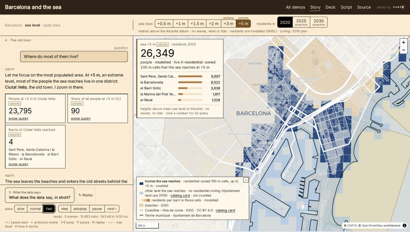Barcelona and the sea demo: an AI agent answers how many residents live in areas the sea could reach, with a map, district breakdown and the query behind each number