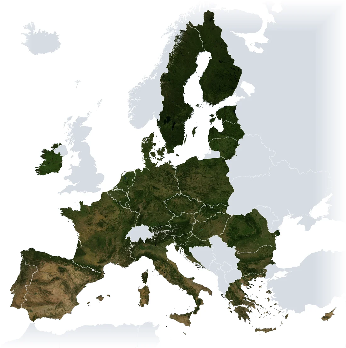 Map of the 27 EU Member States in satellite imagery, with neighbouring countries in light grey