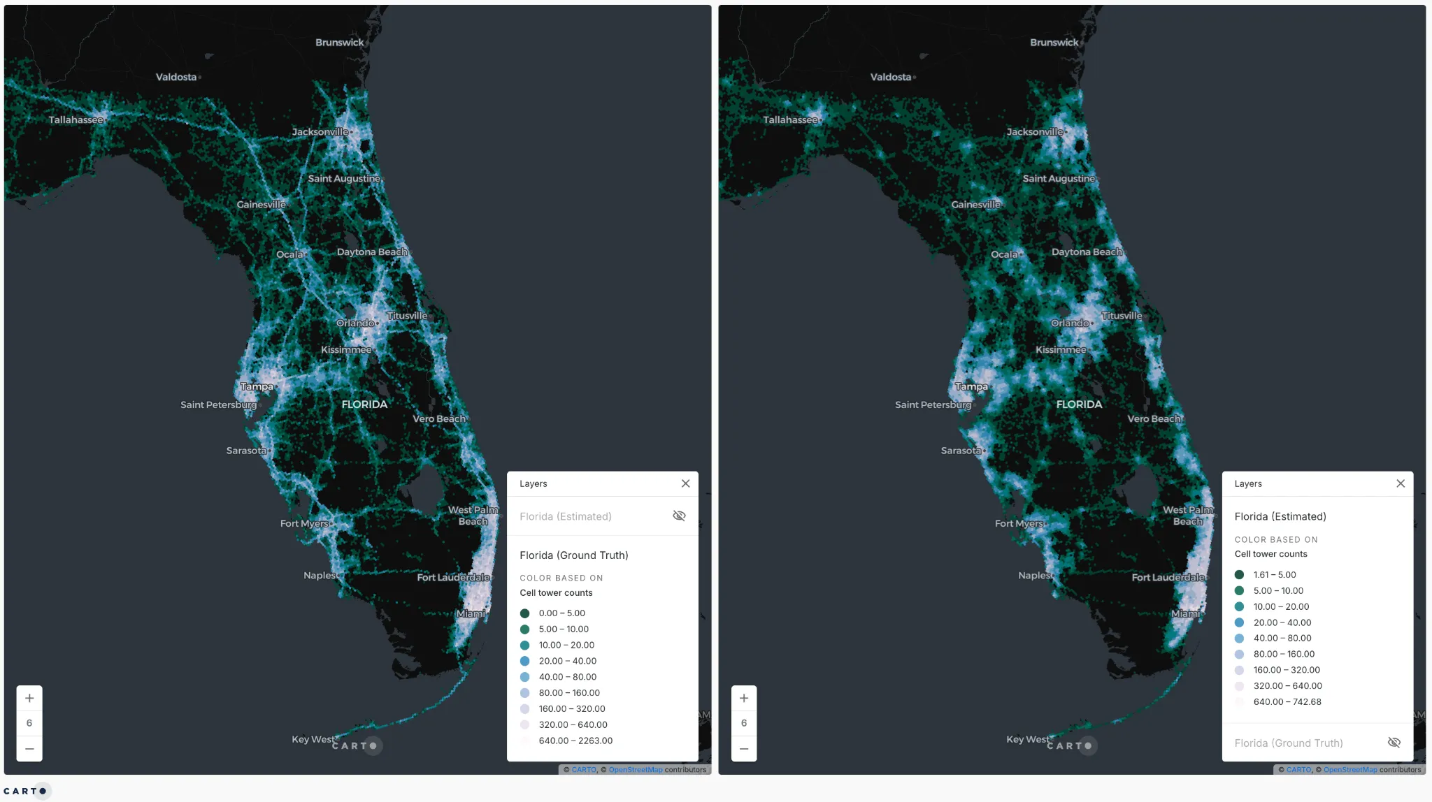 Predicted cell towers across Florida