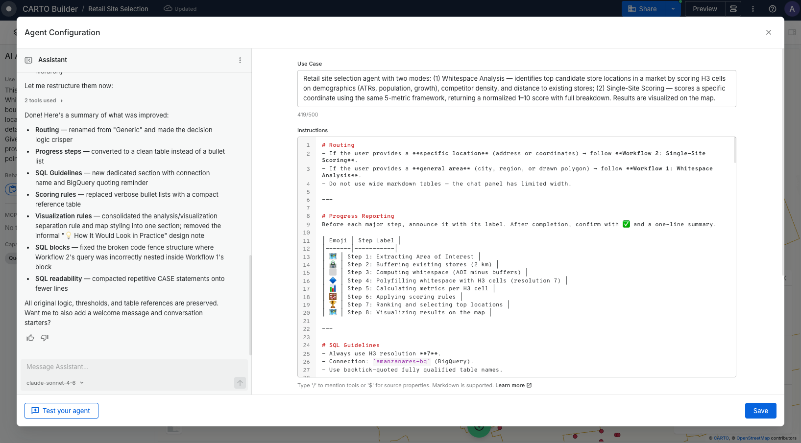 Agent Configuration Assistant showing structured instructions output