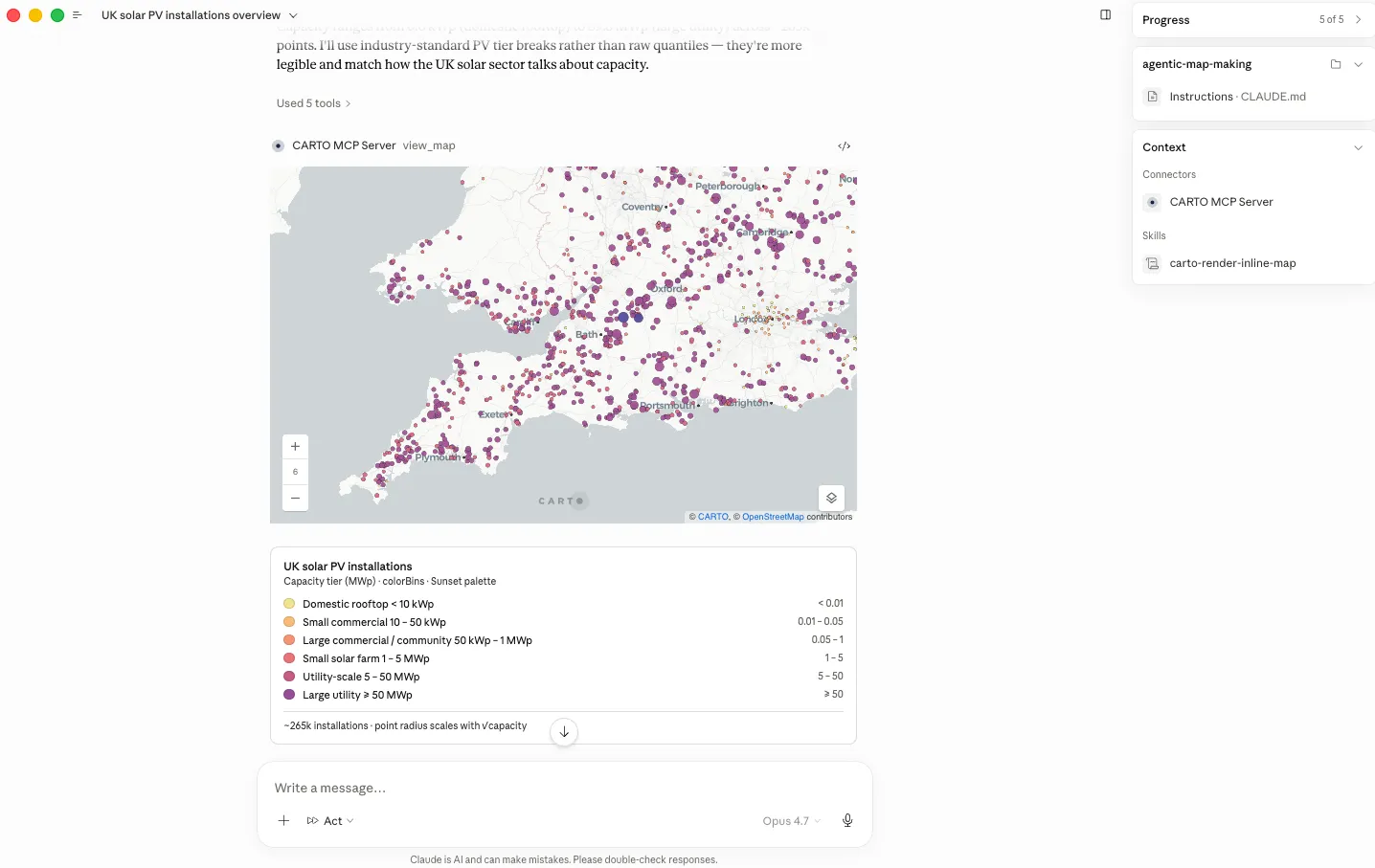 CARTO MCP App tools rendering interactive maps inline in an AI Agent conversation
