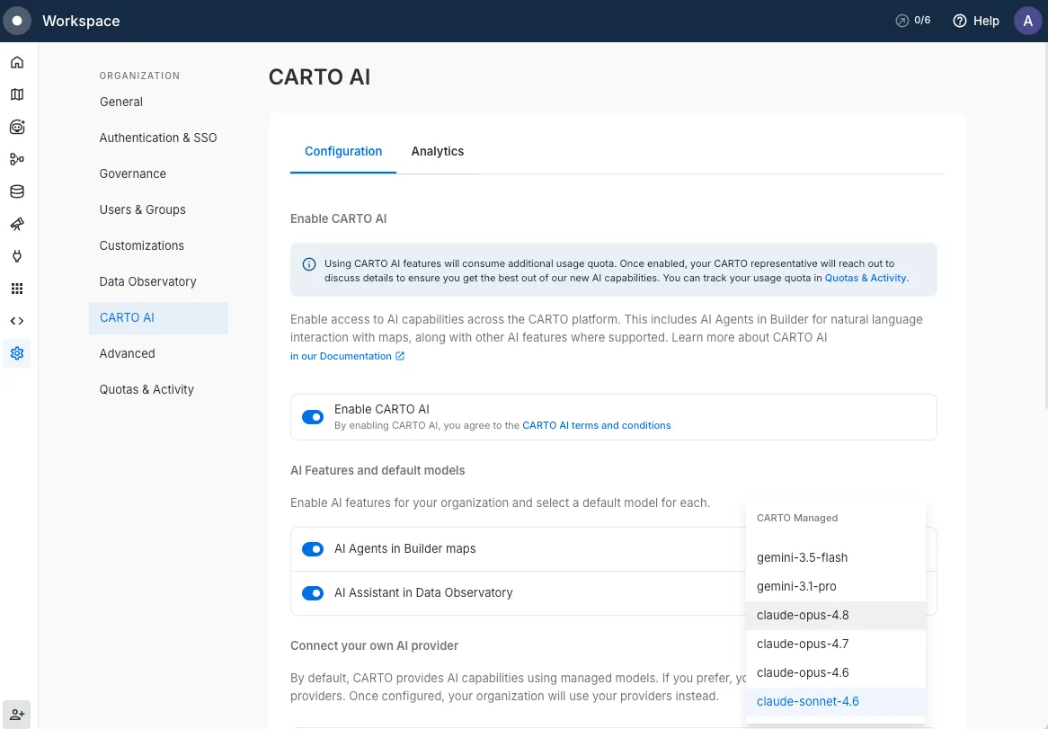 Selecting default AI models in Settings > CARTO AI