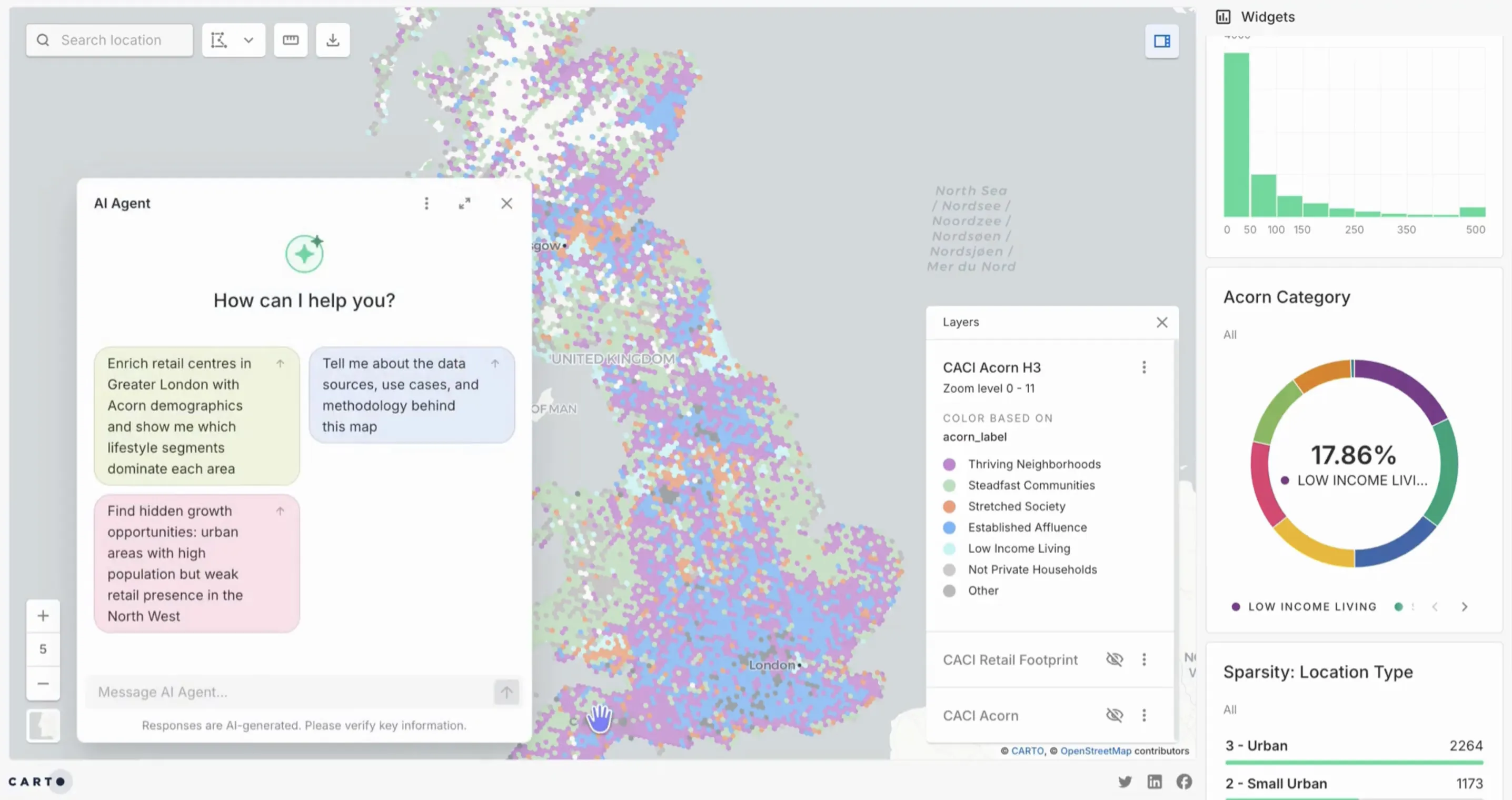 CARTO AI Agent suggesting prompts about Acorn demographics and retail expansion, overlaid on a UK map of hexagonal consumer-segment tiles with Acorn category widgets