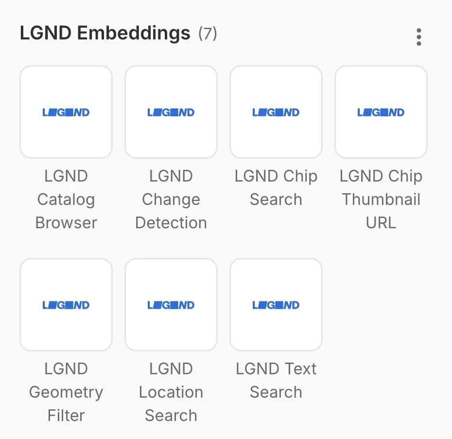 Available components in CARTO Workflows's LGND Embeddings Extension Package