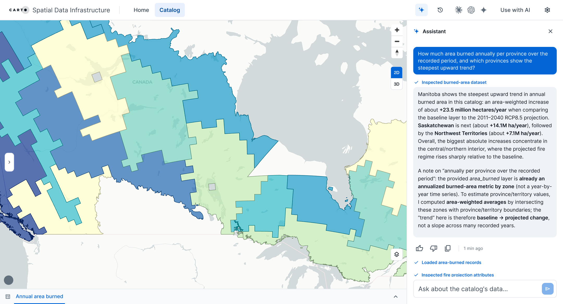 CARTO SDI catalog showing a map of Canadian fire zones next to the AI assistant answering which provinces show the steepest upward trend in annual area burned, listing the datasets it inspected and the caveats in its method