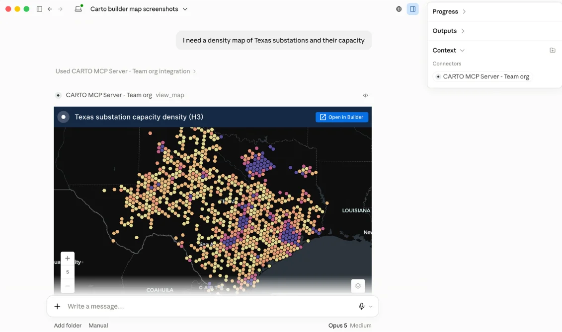 Claude using the CARTO MCP Server to build a density map of Texas substations and their capacity on an H3 grid