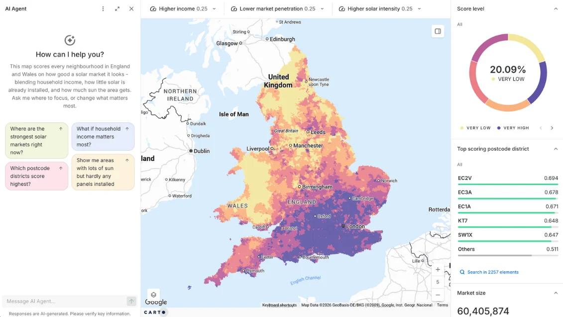 CARTO AI Agent on a map scoring solar market potential across England and Wales, suggesting questions such as where the strongest solar markets are right now