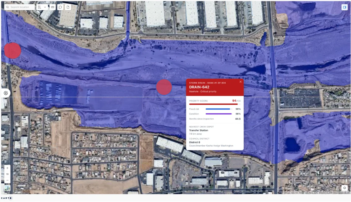 Map of storm drains over a flood zone, with a popup ranking one drain as critical priority on flood risk, condition and months since inspection