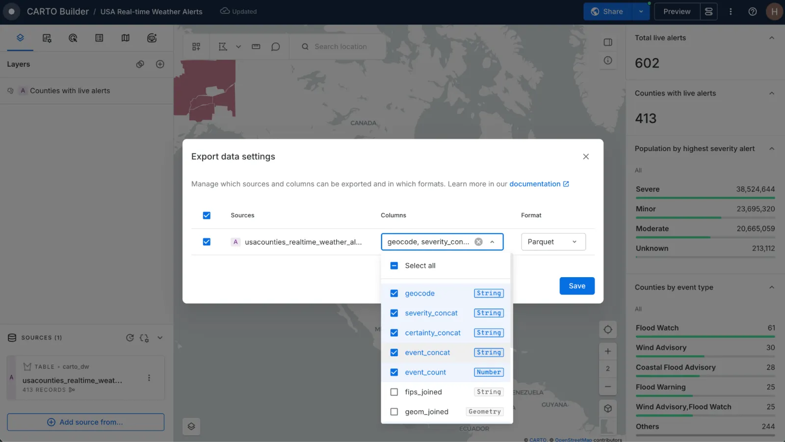 Data export settings in CARTO Builder