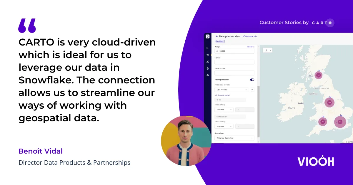 VIOOH customer story card featuring a quote from Benoît Vidal on CARTO’s cloud-driven Snowflake integration