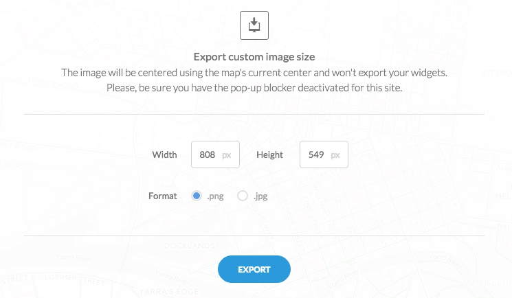 Export custom image size dialog box