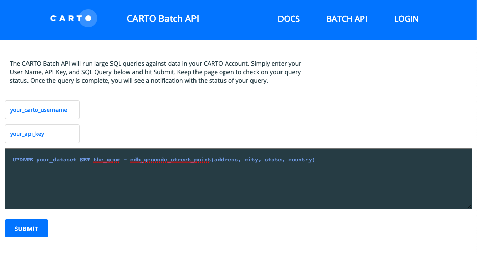 CARTO Batch API UI