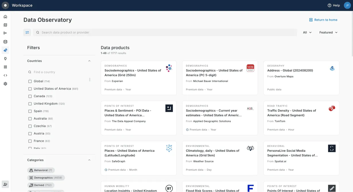 Screenshot of CARTO's Data Catalog, showing different datasets and filters for categories, country, and license type