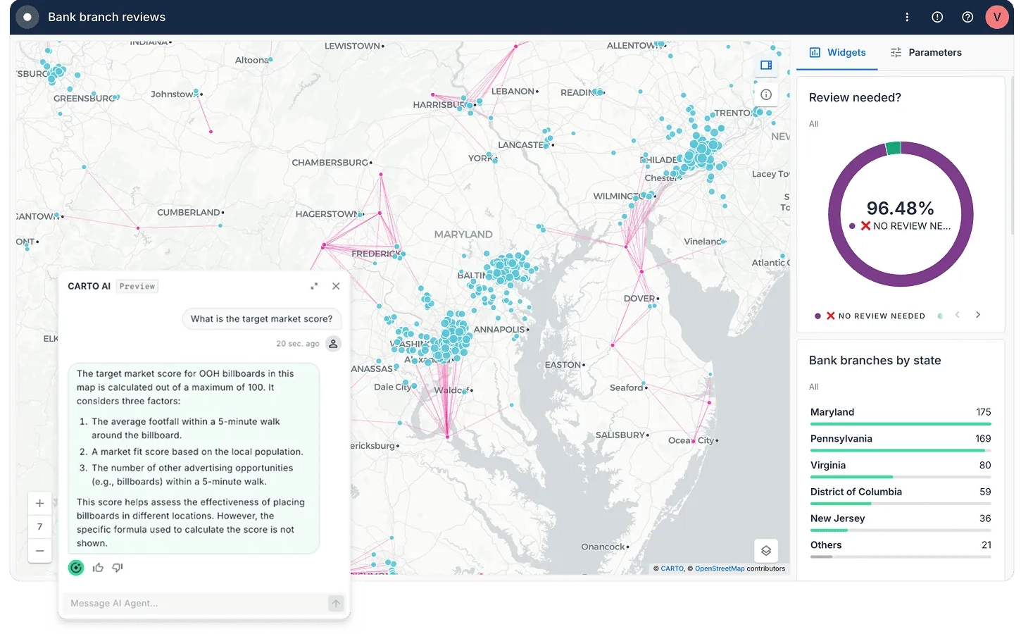Bank branches map with AI agent activated
