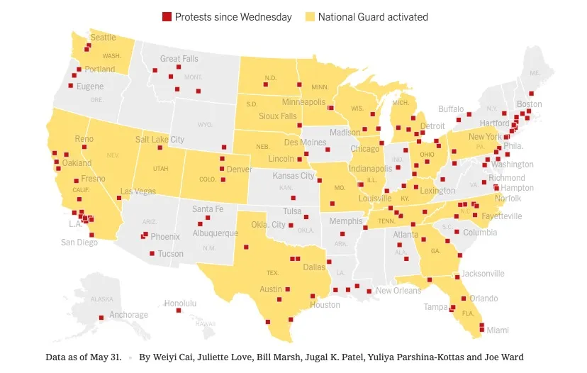 A map showing the scale of the protests across the US