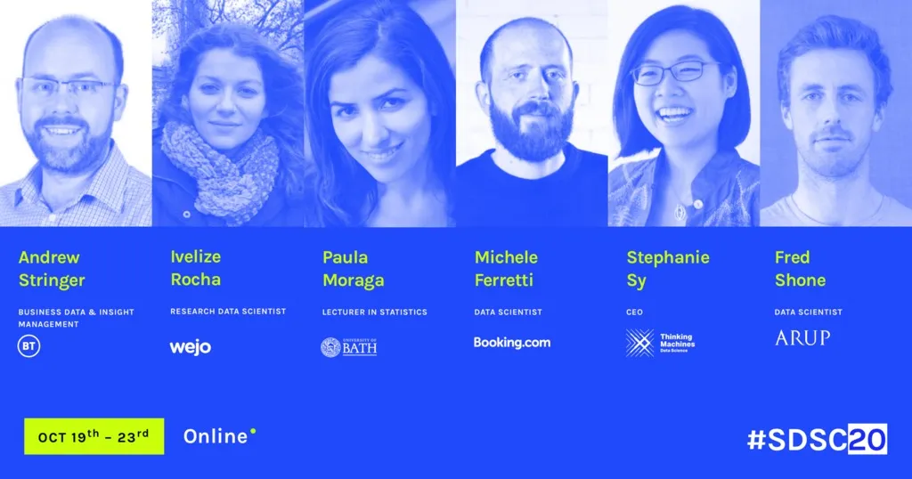 A graphic showcasing #SDSC20 speakers