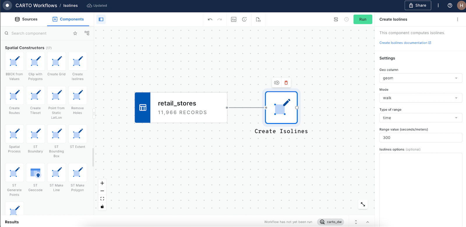 A screenshot of CARTO Workflows showing isolines being created from a table of retail stores