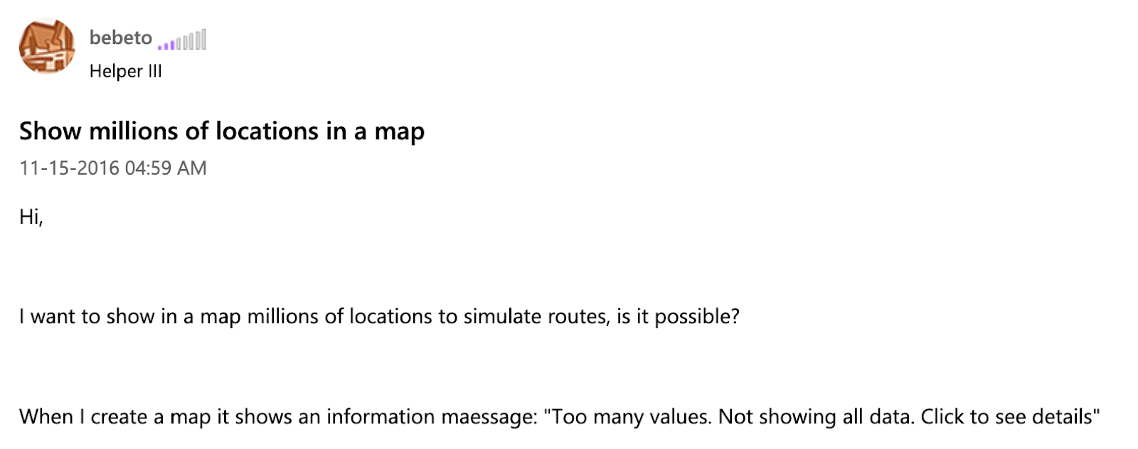 User asking Power BI how to show millions of locations in a map