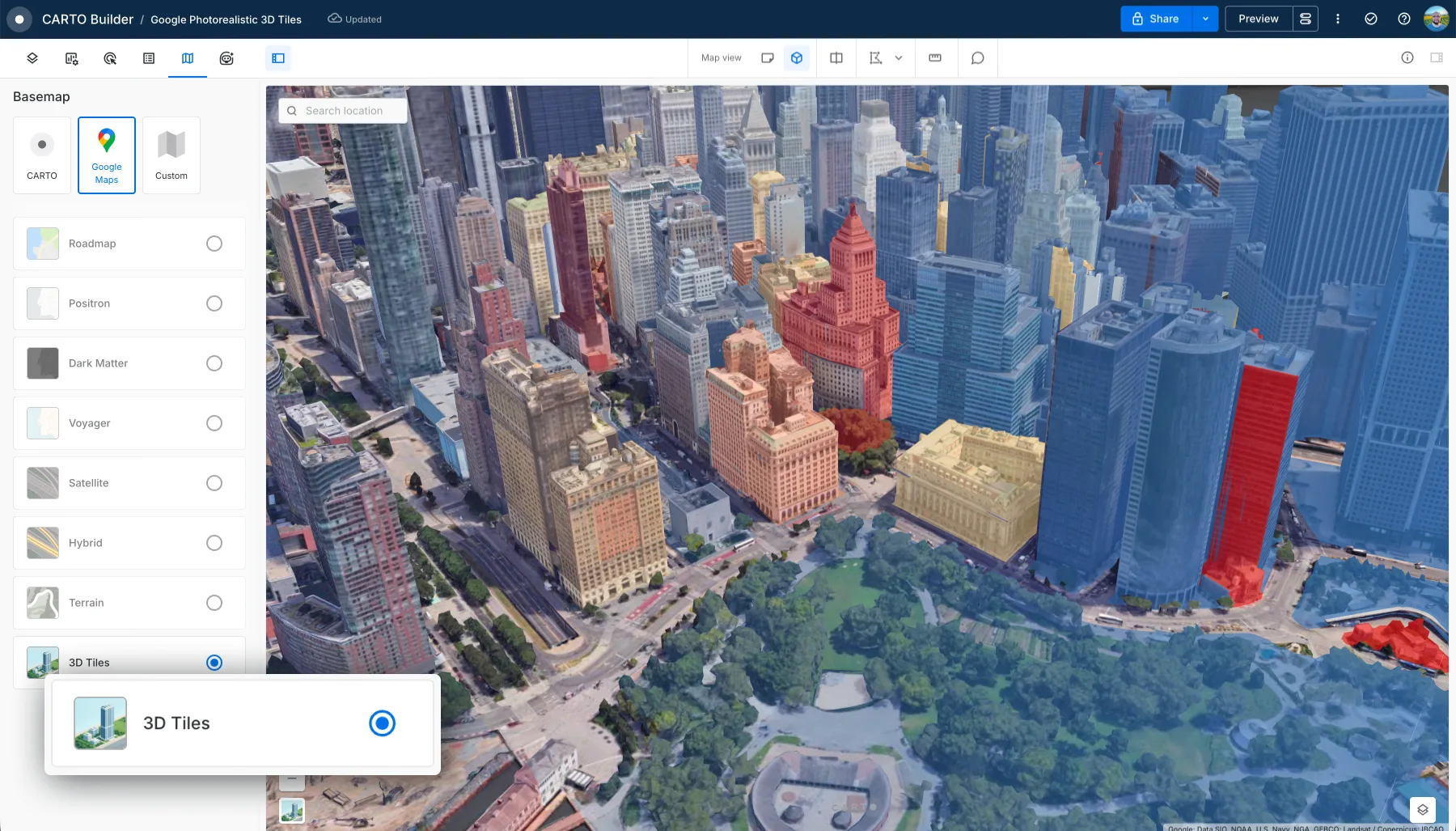 CARTO Builder with Google Photorealistic 3D Tiles — interactive layer styling on a 3D scene